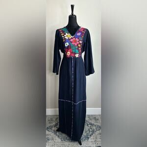 VINTAGE MARCO POLO 1970's Floral Embroidered Navy Blue Maxi Dress Size M